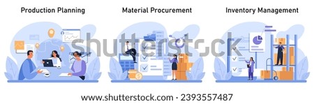 Supply Chain Management set. Illustrating the seamless flow of production planning, material procurement, and inventory management. Strategic business operations in modern design. vector illustration