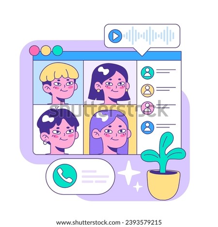 Engaging online group video call featuring diverse faces. Flat vector illustration.