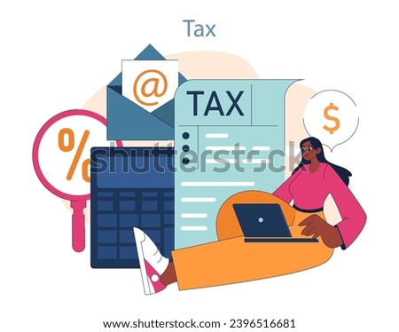Digital Tax Management Simplified. A confident woman efficiently organizes her tax documents using online tools amidst symbols of percentage and email. Streamlining finances. Flat vector illustration.