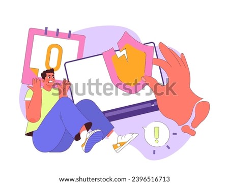 Zero-Day Exploit concept. Anxious user realizes the countdown as protection shatters, indicating unpatched software vulnerabilities. Imminent threat. Timely cyber defense. Flat vector illustration