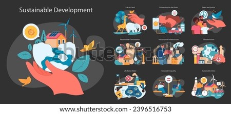 Sustainable development dark or night mode set. Global action for better future, impact on society and environment. Equality, climate preservation, clean energy. Flat vector illustration