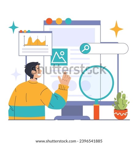 SEO mastery in action. Enthusiastic man analyzing website data, optimizing for top search results. Graph insights, content visualization, strategic navigation. Flat vector illustration