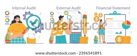 Audit process set. Professionals evaluating financial records. Internal checks, third-party verifications, clear reports. Integrity, accuracy, transparency in finance. Flat vector illustration