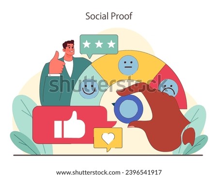 Social Proof concept. Visualizing consumer trust through ratings, emoticons, and approval icons. Building credibility in the digital space. Flat vector illustration.
