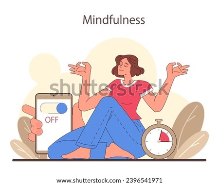 Digital detox. Character practicing mindfulness, reducing screen time, and enjoying tech-free zones. Disconnected or turned off gadget. Balanced life and mental health. Flat vector illustration