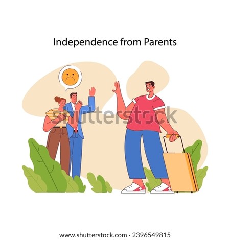 Leaving the Nest concept. A young adult departs for a new journey, signifying the pivotal moment of gaining independence from caring yet anxious parents. Flat vector illustration