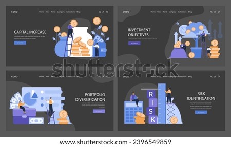 Investment objectives dark or night mode web or landing set. Capital growth, investment goal setting, portfolio diversification, and risk assessment. Finance education. Flat vector illustration.