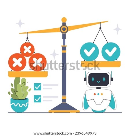 Loss Function in AI concept. Scale weighing errors and correct predictions, with observing robot signaling machine learning evaluation. Balancing accuracy. Flat vector illustration