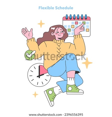 Joyful woman celebrates the freedom of a flexible schedule, pointing at a vibrant calendar while surrounded by stars and a ticking clock. Balancing time with ease and confidence. vector illustration