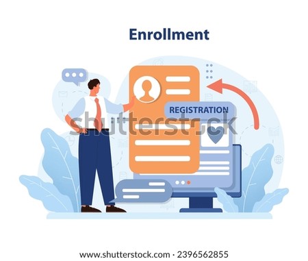 Enrollment process visualized. Businessman interacts with an online registration form on a computer, symbolizing easy user sign-up. Digital application, seamless registration experience. Flat vector