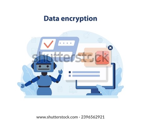 Data encryption concept. Robot presents a monitor displaying password fields and image error, showcasing the importance of secure data handling. Blue and neutral tones enhance technology theme.