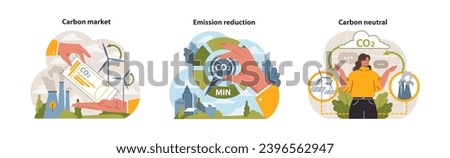 Climate action set. Hands minimizing emissions, a carbon credit ticket for trading, and a woman presenting a carbon-neutral initiative. Ecological awareness. Flat vector illustration.