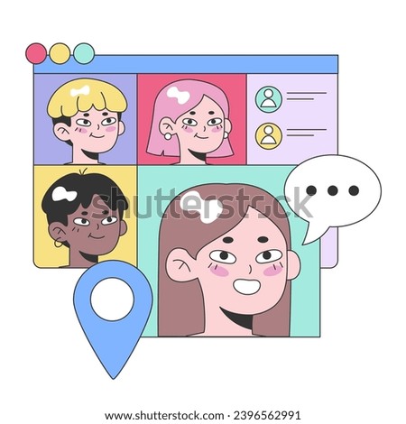 Diverse group of friends engages in an online chat platform, visualized with colorful avatars, profile details, and a message bubble. Location pin indicates a meetup. Flat vector illustration.