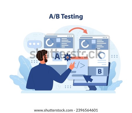 A B Testing concept. Expert analyzing two website versions, making data-driven decisions. Exploring user engagement metrics, optimizing for best performance. Digital strategy evaluation. Flat vector