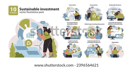 Sustainable investment set. Finance meets ecology for global betterment. Eco-friendly projects securing, ethical funds allocation. Flat vector illustration.