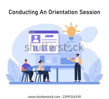 Conducting An Orientation Session concept. A presenter elucidates the onboarding process with a lightbulb idea, while employees actively engage using their laptops. Flat vector illustration.