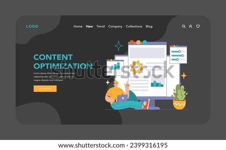 Content optimization dark or night mode web, landing. Analyzing and improving website information architecture. Data-driven approach for user engagement. Flat vector illustration.