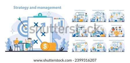 Strategy and management set. Comprehensive business strategy and management functions. Streamlining operations, enhancing human resources, managing risk. Flat vector illustration.