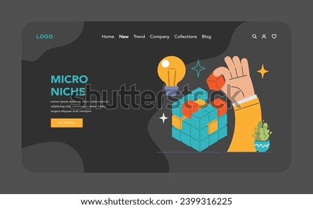 Micro-Niches dark or night mode web, landing. Hand strategically places cubes, symbolizing focused market segmentation. Bright idea for targeted marketing. Flat vector illustration