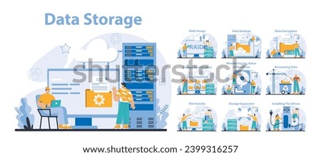 Data Storage set. Multiple aspects of data management and protection. Network infrastructure maintenance with cloud services. Efficient system recovery and security measures. Vector illustration.