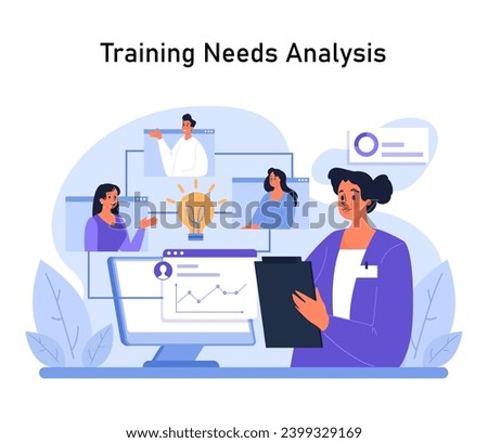Training Needs Analysis process where a professional woman with a clipboard collaborates with team members via digital interfaces. A lightbulb indicates idea. Team-driven skill assessment. Flat vector