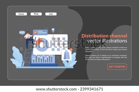 Market penetration concept. Businessman optimizing distribution channels on interactive dashboard. Strengthening supply chains. Expanding reach. Seamless integration. Flat vector illustration.