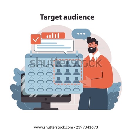 Market penetration concept. A savvy marketer identifies target audience on a dynamic dashboard. Harnessing data to reach the right clientele. Audience segmentation. Flat vector illustration.