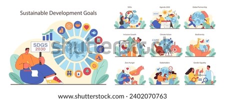 Sustainable Development Goals set. Global objectives for 2030. Eradicating hunger, ensuring education and gender equality. Promoting clean energy and economic growth. Flat vector illustration.