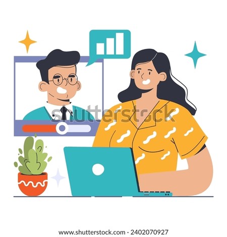 Webinars concept. Eager participant joins an informative session led by a digital expert, fostering online learning. Engaging virtual discussion. Flat vector illustration