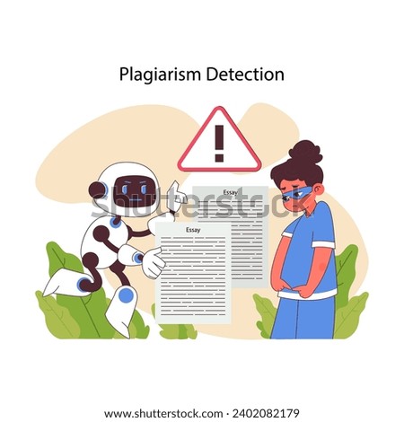 AI in education detecting plagiarism. A robot points out duplication in a student's essay, emphasizing academic honesty. Flat vector illustration.