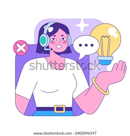 Customer support representative swiftly handles inquiries, balancing rejection and a bright idea in a digital world, all while maintaining a cheerful demeanor. Flat vector illustration.