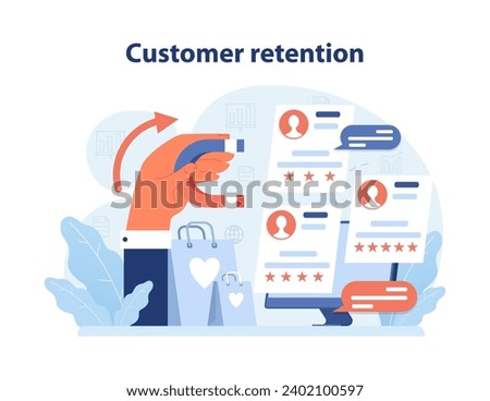 Focused woman analyzing customer reviews and ratings to boost retention. Digital interfaces showing user profiles and feedback for improved loyalty. Business strategy. Flat vector illustration.