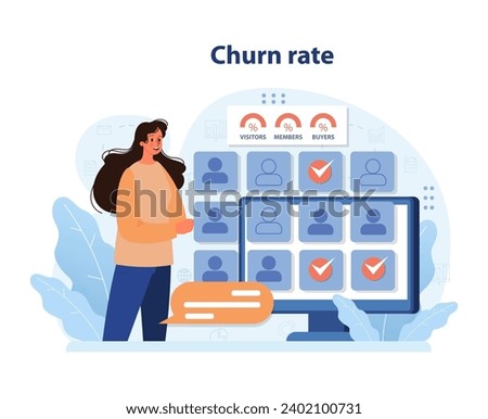 Churn rate analytics showcased. Woman reviews user classifications on a digital screen, monitoring retention and customer behavior. Analyzing visitors, members, buyers data. Flat vector illustration