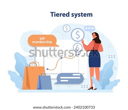 Tiered system concept. Woman analyzes financial growth, aiming for VIP membership in shopping platform. Navigating through customer levels, maximizing savings. Flat vector illustration
