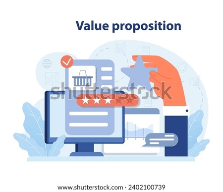 Market penetration concept. Hand highlighting a star as a symbol of top value proposition on a digital screen. Enhancing product appeal. Prioritizing customer satisfaction. Flat vector illustration.