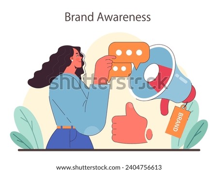 Brand Awareness concept. A woman confidently amplifies her message, epitomizing the spread of brand recognition with a megaphone and positive gesture. Flat vector illustration