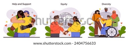Inclusive Society set. Showcases accessibility with a wheelchair, empowerment through unity, and the fight against discrimination. Promoting equal rights and community support. vector illustration.