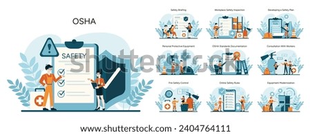 OSHA set. Workplace safety procedures and emergency readiness. Employee training, equipment checks, and fire hazard control. Safety plan development and worker consultation. Flat vector illustration