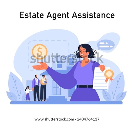 Estate Agent Assistance concept. Skilled agent aids family in home purchase, emphasizing financial transactions and verified documentation. Seamless property acquisition. Flat vector illustration.