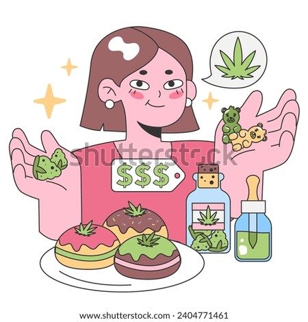 Young woman exploring cannabis delights. Holds gummy bears, showcases THC-infused pastries, CBD oils, and visualizing leaf. Cannabis consumerism. Flat vector illustration.