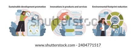Promotion and innovation set. Fostering economic sustainability, inventing eco-centric products, slashing carbon footprints. Aligning profit with planetary health. Flat vector illustration.