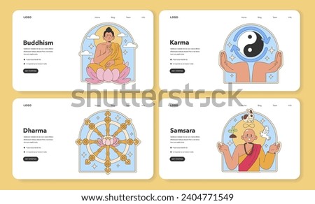 Buddhism concept set. Iconic representations of Buddha, Karma, Dharma, and Samsara within peaceful illustrations. Flat vector illustration.