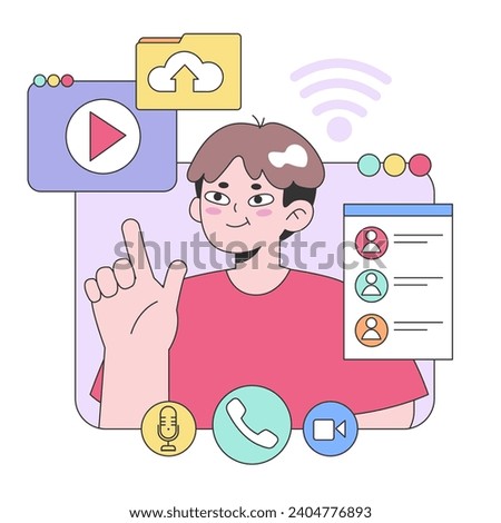 Enthusiastic young man navigating the digital world, uploading content, connecting over calls, and managing social contacts seamlessly. Flat vector illustration