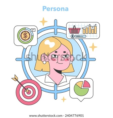 Persona concept. A blonde woman surrounded by marketing symbols, indicating financial goals, customer shopping behavior, sales analytics, and target achievement. Understanding buyer demographics