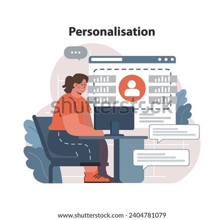 Personalisation in digital platform concept. Woman at computer adjusts user profile settings on a webpage, enhancing tailored content delivery. Individual user experience focus. vector illustration