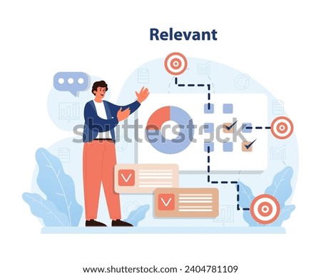 Relevance in goal-setting displayed. Man highlighting key data points, pie chart analysis, and task completion. Aligning objectives with pertinent actions. Strategic alignment, focused outcomes