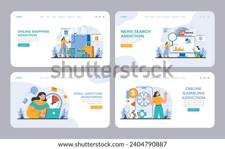 Internet addiction web or landing page set. Illustrations depict various aspects of internet addiction, from online shopping to news obsession, highlighting the pervasive nature of digital reliance.