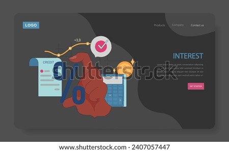 Interest Rate Dynamics. Hand adjusting a credit percentage while monitoring financial growth on graph, dollar coin and calculator reflect precision. Approving loan terms. Flat vector web illustration.
