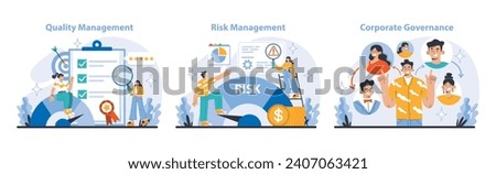 Strategy and management set. Exploring quality, risk management, and corporate governance. Prioritizing high standards, minimizing threats, ensuring ethical practices. Flat vector illustration.