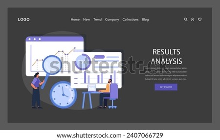 Results Analysis web or landing. Experts scrutinize project outcomes using data visualization, marking a critical evaluation stage in the Design Thinking process. Flat vector illustration